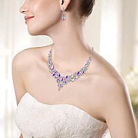 Brilove Wedding Bridal Necklace Earrings Jewelry Set For Women Austrian Crystal Teardrop Cluster Statement Necklace Dangle Earri