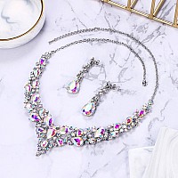 Brilove Wedding Bridal Necklace Earrings Jewelry Set For Women Austrian Crystal Teardrop Cluster Statement Necklace Dangle Earri