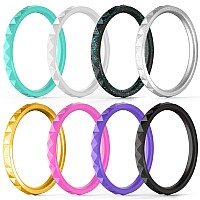 Thunderfit Thin And Stackable Silicone Rings 8 Rings Silicone Wedding Bands For Women Diamond Pattern