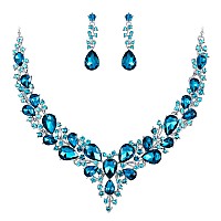 Brilove Wedding Bridal Necklace Earrings Jewelry Set For Women Austrian Crystal Teardrop Cluster Statement Necklace Dangle Earri