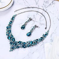 Brilove Wedding Bridal Necklace Earrings Jewelry Set For Women Austrian Crystal Teardrop Cluster Statement Necklace Dangle Earri