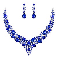 Brilove Wedding Bridal Necklace Earrings Jewelry Set For Women Austrian Crystal Teardrop Cluster Statement Necklace Dangle Earri