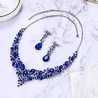 Brilove Wedding Bridal Necklace Earrings Jewelry Set For Women Austrian Crystal Teardrop Cluster Statement Necklace Dangle Earri