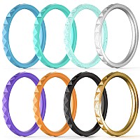 Thunderfit Thin And Stackable Silicone Rings 8 Rings Silicone Wedding Bands For Women Diamond Pattern