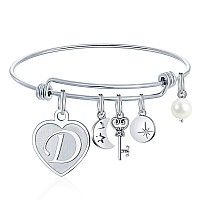 Bangle Bracelets For Women Initial Gifts Engraved D Initial Bracelet With Heart Charm Stainless Steel Handmade Womens Letter E