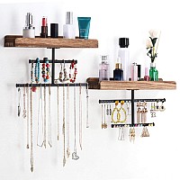 Keebofly Hanging Wall Mounted Jewelry Organizer With Rustic Wood Jewelry Holder Display For Necklaces Bracelet Earrings Ring Set