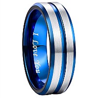 Greenpod 8Mm Tungsten Ring For Men Blue Thin Groove Line Dome Brushed Engraved I Love You Comfort Fit Wedding Band Size 135