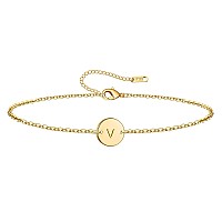 Ovian Initial Charm Bracelet For Women 18K Gold Plated Stainless Steel Coin Disc Engraved Letter V Bracelet Personalized Monogra