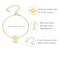 Ovian Initial Charm Bracelet For Women 18K Gold Plated Stainless Steel Coin Disc Engraved Letter V Bracelet Personalized Monogra