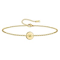 Ovian Initial Charm Bracelet For Women 18K Gold Plated Stainless Steel Coin Disc Engraved Letter M Bracelet Personalized Monogra