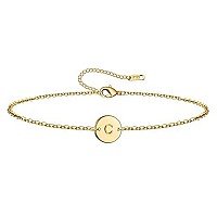 Ovian Initial Charm Bracelet For Women 18K Gold Plated Stainless Steel Coin Disc Engraved Letter C Bracelet Personalized Monogra