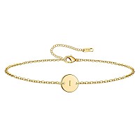 Ovian Initial Charm Bracelet For Women 18K Gold Plated Stainless Steel Coin Disc Engraved Letter I Bracelet Personalized Monogra