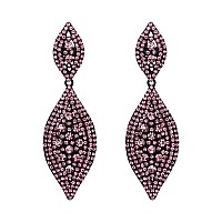 Flyonce Womens Rhinestone Crystal Wedding Bridal 2 Leaf Drop Dangle Chandelier Earrings Pink Blacktone