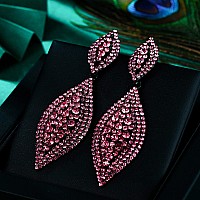 Flyonce Womens Rhinestone Crystal Wedding Bridal 2 Leaf Drop Dangle Chandelier Earrings Pink Blacktone