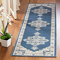 Safavieh Brentwood Collection 2 X 10 Navy Cream Bnt865N Medallion Distressed Nonshedding Living Room Entryway Foyer Hallway Be