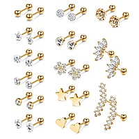 Yadoca 14 Pairs Stainless Steel Ear Cartilage Piercing Earrings Helix Tragus Barbell For Women Men Moon Star Heart Flower Cz Sta