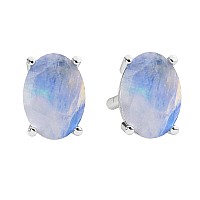 Natural Rainbow Moonstone Oval 925 Sterling Silver 4 Prong Stud Earrings For Women Christmas Valentine Mothers Day Gifts For He