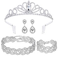 4 Pack Rhinestone Crystal Tiara Crown Choker Necklace Link Bracelet Teardrop Dangle Earrings Jewelry Sets For Women Girls Brida