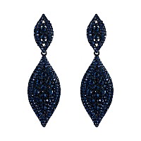 Flyonce Womens Rhinestone Crystal Wedding Bridal 2 Leaf Drop Dangle Chandelier Earrings Navy Blue Blacktone