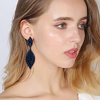 Flyonce Womens Rhinestone Crystal Wedding Bridal 2 Leaf Drop Dangle Chandelier Earrings Navy Blue Blacktone