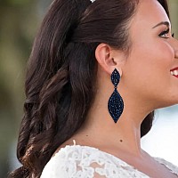 Flyonce Womens Rhinestone Crystal Wedding Bridal 2 Leaf Drop Dangle Chandelier Earrings Navy Blue Blacktone