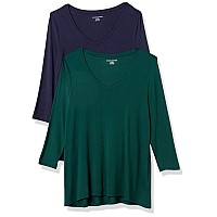 Amazon Essentials Womens 34 Sleeve Vneck Swing Tshirt Available In Plus Size Pack Of 2 Navyjade Green Xlarge