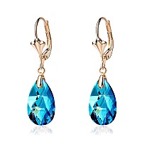 Austrian Crystal Teardrop Leverback Dangle Earrings For Women Fashion 14K Gold Plated Hypoallergenic Jewelry Bermuda Blue