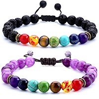 Hamoery Men Women 8Mm Lava Rock Chakra Beads Bracelet Set Braided Rope Natural Stone Yoga Bracelet Bangle Set 4