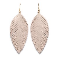 Large Genuine Soft Leather Handmade Fringe Feather Lightweight Tear Drop Dangle Color Earrings For Women Girls Fashion Beige