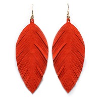 Large Genuine Soft Leather Handmade Fringe Feather Lightweight Tear Drop Dangle Color Earrings For Women Girls Fashion Orange