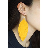 Large Genuine Soft Leather Handmade Fringe Feather Lightweight Tear Drop Dangle Color Earrings For Women Girls Fashion Orange