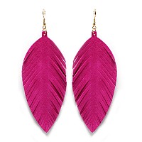 Large Genuine Soft Leather Handmade Fringe Feather Lightweight Tear Drop Dangle Color Earrings For Women Girls Fashion Fuchsia