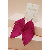 Large Genuine Soft Leather Handmade Fringe Feather Lightweight Tear Drop Dangle Color Earrings For Women Girls Fashion Fuchsia