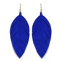 Large Genuine Soft Leather Handmade Fringe Feather Lightweight Tear Drop Dangle Color Earrings For Women Girls Fashion Blue