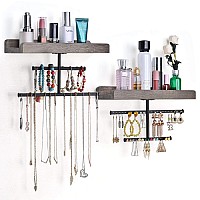 Keebofly Hanging Wall Mounted Jewelry Organizer With Rustic Wood Jewelry Holder Display For Necklaces Bracelet Earrings Ring Set