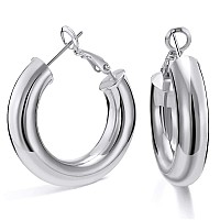 Shownii Chunky Silver Hoop Earrings 14K White Gold Plated Medium Chunky Tube Hoop Earrings For Women Lightweight Thick Hoops