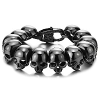 Coolsteelandbeyond Mens Black Stainless Steel Large Skull Link Bracelet Biker Gothic Style Silver Color Polished