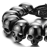 Coolsteelandbeyond Mens Black Stainless Steel Large Skull Link Bracelet Biker Gothic Style Silver Color Polished