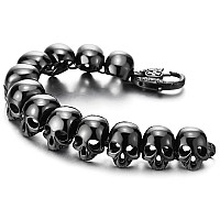 Coolsteelandbeyond Mens Black Stainless Steel Large Skull Link Bracelet Biker Gothic Style Silver Color Polished