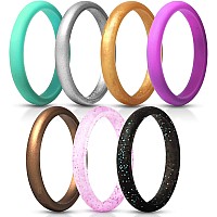 Thunderfit Womens Band Rings Thin And Stackable Silicone Rings Wedding Ring For Women 7 Pack Black With Turquoise Glitter T