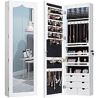 Charmaid 5 Leds Mirror Jewelry Armoire Wall Mounted Door Hanging Lockable Jewelry Cabinet With 475H Full Length Mirror 6 Sto