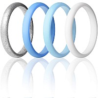 Thunderfit Womens Band Rings Thin And Stackable Silicone Rings Wedding Ring For Women 4 Pack Blue Light Blue White Silver