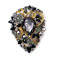 Laxpicol Womens Vintage Black Austrian Crystal Elegant Flower Teardrop Brooch Gold Tone