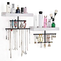 Keebofly Hanging Wall Mounted Jewelry Organizer With Rustic Wood Jewelry Holder Display For Necklaces Bracelet Earrings Ring Set