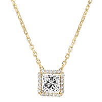 Pavoi 14K Gold Plated Post Faux Diamond Princess Cut Pendant Halo Necklace In Yellow Gold