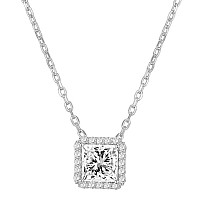 Pavoi 14K Gold Plated Post Faux Diamond Princess Cut Pendant Halo Necklace In White Gold