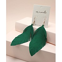 Large Genuine Soft Leather Handmade Fringe Feather Lightweight Tear Drop Dangle Color Earrings For Women Girls Fashion Green