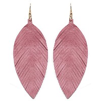 Large Genuine Soft Leather Handmade Fringe Feather Lightweight Tear Drop Dangle Color Earrings For Women Girls Fashion Pink