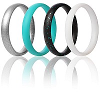 Thunderfit Super Thin Stackable Silicone Rings Wedding Bands 4 Rings White Silver Black Teal Glitter Teal 10511 206Mm