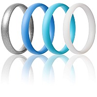 Thunderfit Super Thin Stackable Silicone Rings Wedding Bands 4 Rings Blue Light Blue White Silver 10511 206Mm